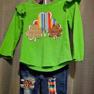 Green and Blue Kids Matching Set with Leopard Print